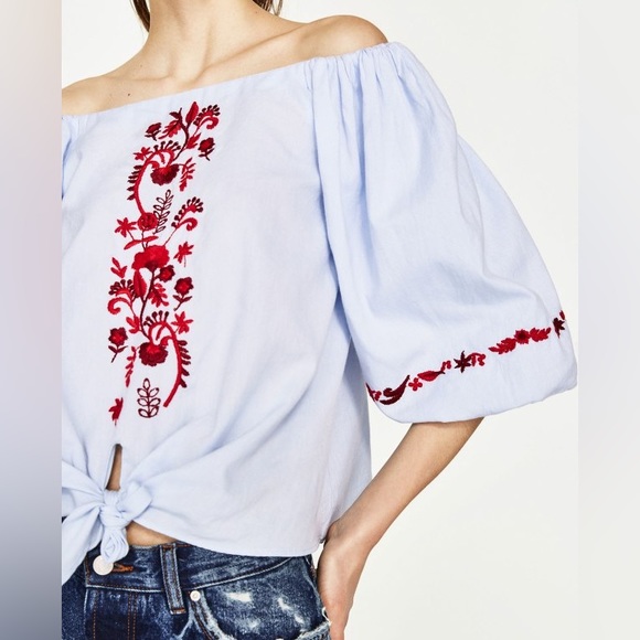 5 for 25
Zara Blue Cotton Off the Shoulder Bubble Sleeves BlouseRed Embroidery S - Picture 2 of 8
